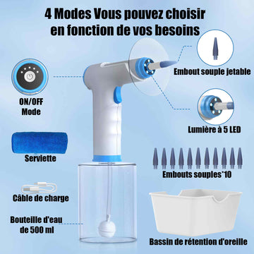 Aspirateur oreille avec 4 modes de mettoyage et 10 bouchons d'oreilles nettoyants  nettoyeur d'oreilles électrique rechargeable